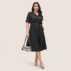NWT BloomChic Black Windowpane Midi Shirt Dress with Tie Waist